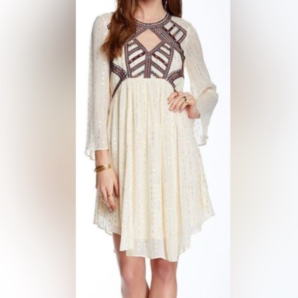 Free People Cream and Brown Long Sleeve Open Back Dress